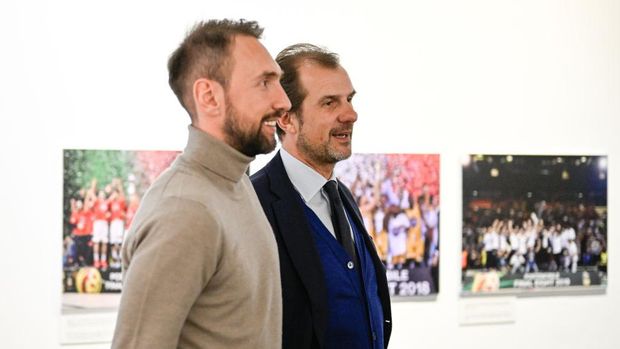 TURIN, ITALY - FEBRUARY 14: Giuseppe Poeta, Francesco Calvo during the Exhibition 'Viaggio nella storia della coppa Italia di basket' at Jmuseum on February 14, 2023 in Turin, Italy. (Photo by Daniele Badolato - Juventus FC/Juventus FC via Getty Images)