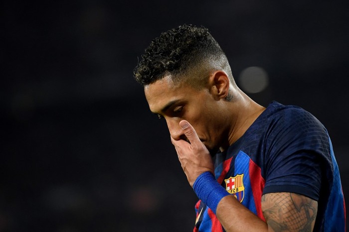 Barcelona's Brazilian forward Raphinha reacts during the UEFA Europa League round of 32 first-leg football match between FC Barcelona and Manchester United at the Camp Nou stadium in Barcelona, on February 16, 2023. (Photo by Josep LAGO / AFP)