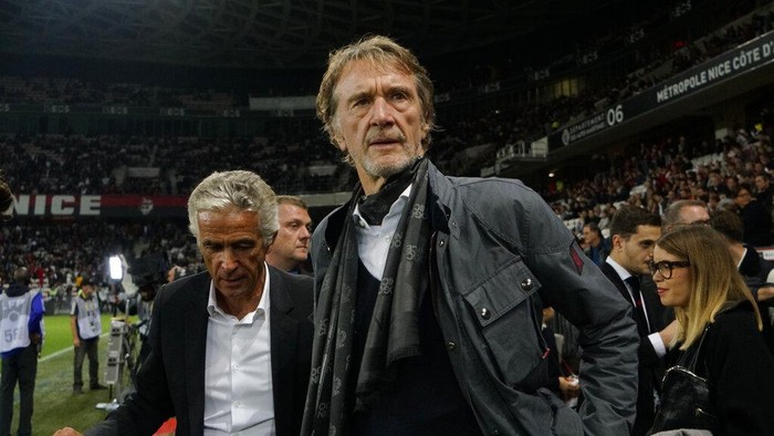 Sir Jim Ratcliffe looks on ahead of the French League One soccer match between Nice and Paris Saint Germain in Allianz Riviera stadium in Nice, southern France, Friday, Oct.18, 2019. (AP Photo/Daniel Cole)