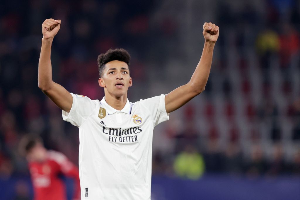 PAMPLONA, SPAIN - FEBRUARY 18: Alvaro Rodriguez of Real Madrid during the La Liga Santander  match between Osasuna v Real Madrid at the Estadio El Sadar on February 18, 2023 in Pamplona Spain (Photo by David S. Bustamante/Soccrates/Getty Images)