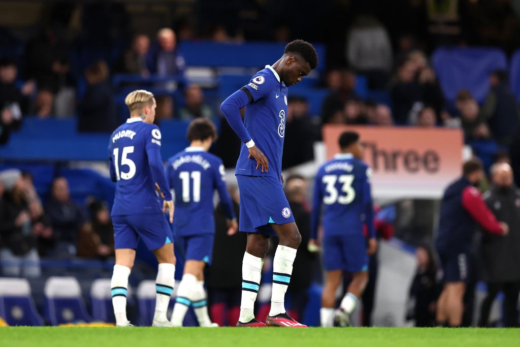 LONDON, ENGLAND - FEBRUARY 18: Benoit Badiashile of Chelsea reacts during the Premier League match between Chelsea FC and Southampton FC at Stamford Bridge on February 18, 2023 in London, England. (Photo by Julian Finney/Getty Images)