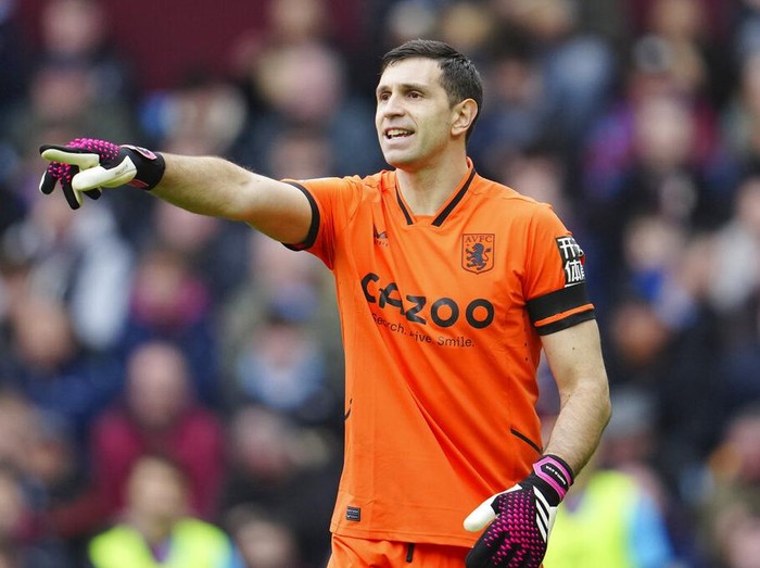 Aston Villa's goalkeeper Emiliano Martinez during the English Premier League soccer match between Aston Villa and Arsenal at Villa Park in Birmingham, England, Saturday, Feb. 18, 2023. (AP Photo/Jon Super)