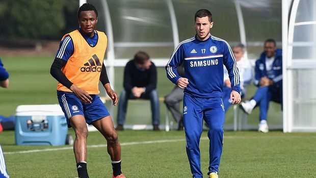Chelsea's John Obi Mikel, Eden Hazard during a training session at the Cobham Training Ground on 14th March 2014 in Cobham, England.  (Photo by Darren Walsh/Chelsea FC via Getty Images)