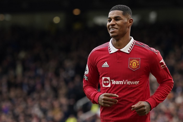 Marcus Rashford Manchester United's Marcus Rashford celebrates after scoring his side's second goal during the English Premier League soccer match between Manchester United and Leicester City at the Stamford Bridge stadium in Manchester, England, Sunday, Feb. 19, 2023. (AP Photo/Dave Thompson)