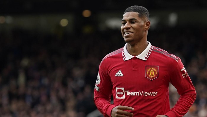 Manchester Uniteds Marcus Rashford celebrates after scoring his sides second goal during the English Premier League soccer match between Manchester United and Leicester City at the Stamford Bridge stadium in Manchester, England, Sunday, Feb. 19, 2023. (AP Photo/Dave Thompson)