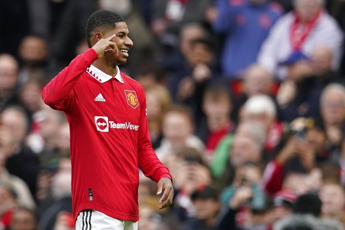 Marcus Rashford Manchester United's Marcus Rashford celebrates after scoring his side's second goal during the English Premier League soccer match between Manchester United and Leicester City at the Stamford Bridge stadium in Manchester, England, Sunday, Feb. 19, 2023. (AP Photo/Dave Thompson)