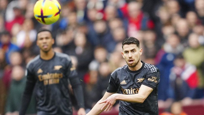 Arsenals Jorginho in action during the English Premier League soccer match between Aston Villa and Arsenal at Villa Park in Birmingham, England, Saturday, Feb. 18, 2023. (AP Photo/Jon Super)