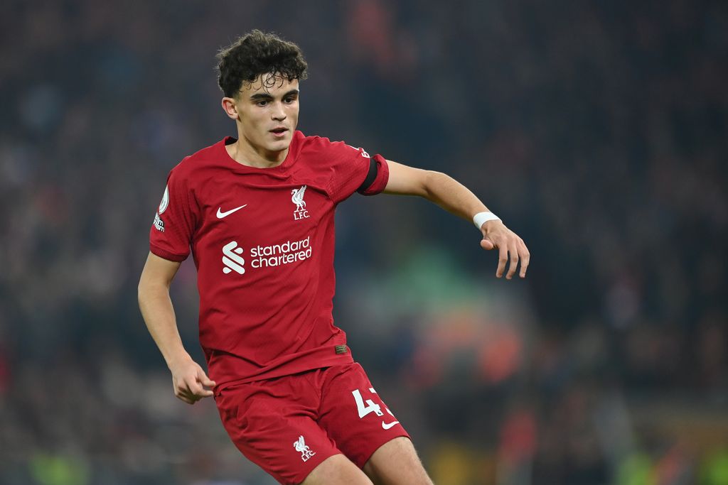 LIVERPOOL, ENGLAND - FEBRUARY 13: Stefan Bajcetic of Liverpool looks on during the Premier League match between Liverpool FC and Everton FC at Anfield on February 13, 2023 in Liverpool, England. (Photo by Michael Regan/Getty Images)