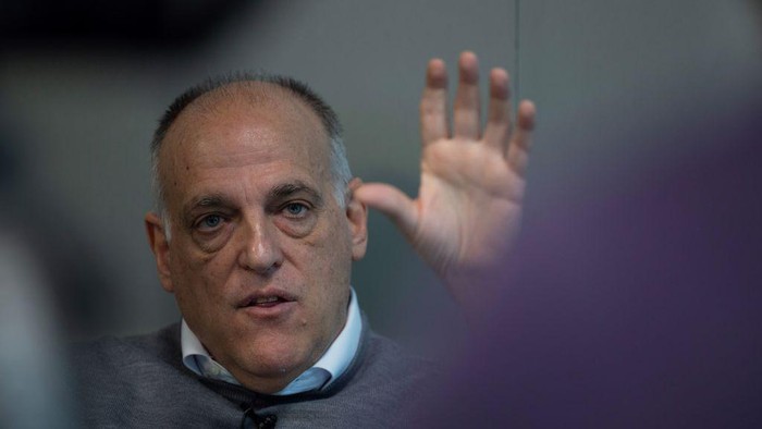 The president of Spanish football Liga Javier Tebas gestures during an AFP interview in Madrid on February 14, 2023. (Photo by PIERRE-PHILIPPE MARCOU / AFP) (Photo by PIERRE-PHILIPPE MARCOU/AFP via Getty Images)