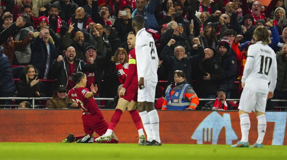 Perayaan gol Darwin Nunez ke gawang Real Madrid. (Foto: AP/Jon Super)