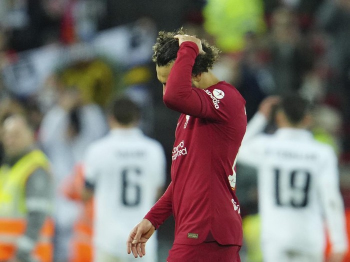 Liverpool's Mohamed Salah gestures at the end of the Champions League, round of 16, first leg soccer match between Liverpool and Real Madrid at the Anfield stadium in Liverpool, England, Tuesday, Feb. 21, 2023. (AP Photo/Jon Super)