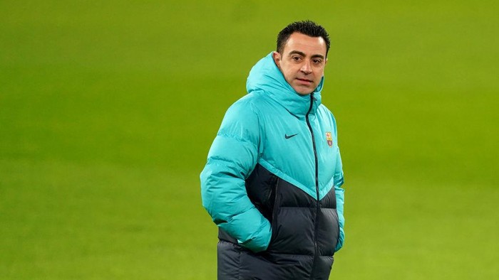 Barcelona manager Xavi during a training session at Old Trafford, Manchester. Picture date: Wednesday February 22, 2023. (Photo by Martin Rickett/PA Images via Getty Images)