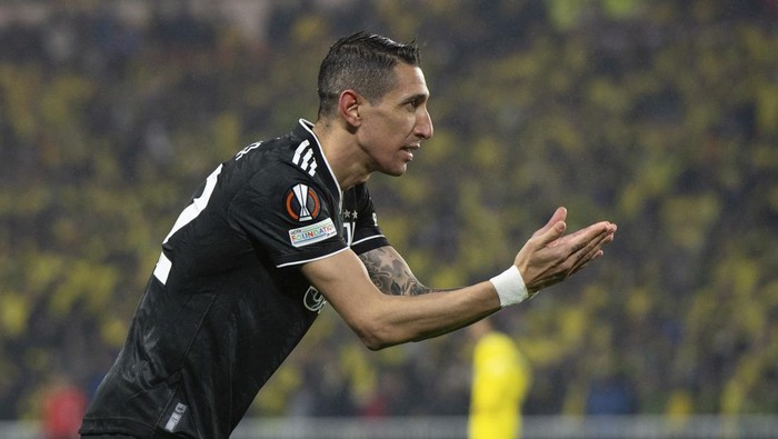 Juventus Angel Di Maria reacts during the the Europa League play-off second leg soccer match between Nantes and Juventus FC at the La Beaujoire stadium, Thursday, Feb.23, 2023 in Nantes, western France. (AP Photo/Mathieu Pattier)