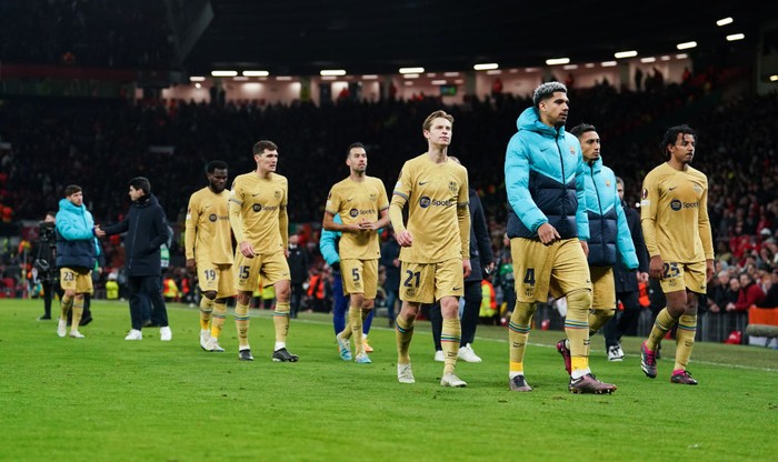 Barcelona Barcelona players walk off dejected after the UEFA Europa League playoff match at Old Trafford, Manchester. Picture date: Thursday February 23, 2023. (Photo by Martin Rickett/PA Images via Getty Images)