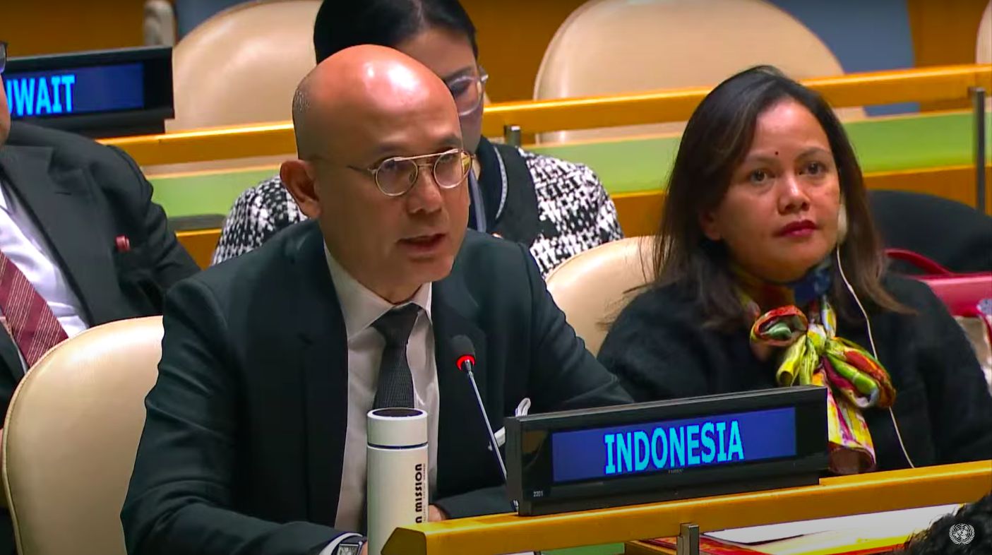 Duta Besar Indonesia untuk PBB, Armanatha Christiawan Nasir, dalam sidang Majelis Umum PBB, 23 Februari 2023. (Tangkapan Layar YouTube United Nations)