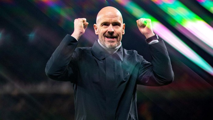 MANCHESTER, ENGLAND - FEBRUARY 23: Erik ten Hag, Manager of Manchester United, celebrates victory after the UEFA Europa League knockout round play-off leg two match between Manchester United and FC Barcelona at Old Trafford on February 23, 2023 in Manchester, England. (Photo by Ash Donelon/Manchester United via Getty Images)