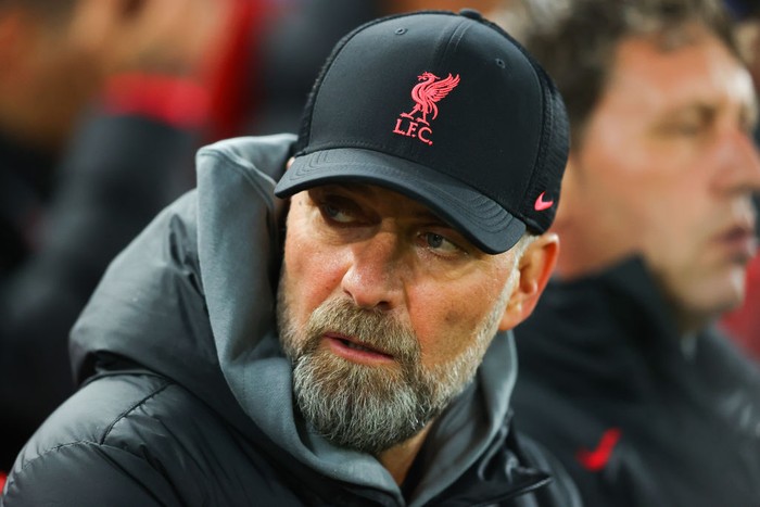LIVERPOOL, ENGLAND - FEBRUARY 21: Jurgen Klopp, manager of Liverpool, looks on ahead of the UEFA Champions League round of 16 leg one match between Liverpool FC and Real Madrid at Anfield on February 21, 2023 in Liverpool, England. (Photo by James Gill - Danehouse/Getty Images)