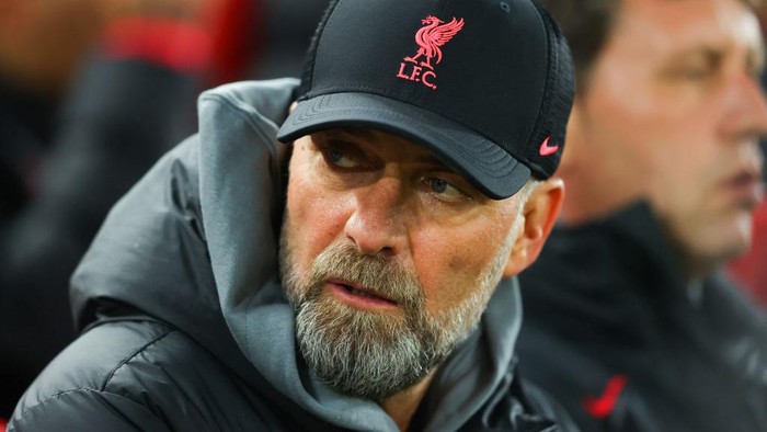 LIVERPOOL, ENGLAND - FEBRUARY 21: Jurgen Klopp, manager of Liverpool, looks on ahead of the UEFA Champions League round of 16 leg one match between Liverpool FC and Real Madrid at Anfield on February 21, 2023 in Liverpool, England. (Photo by James Gill - Danehouse/Getty Images)