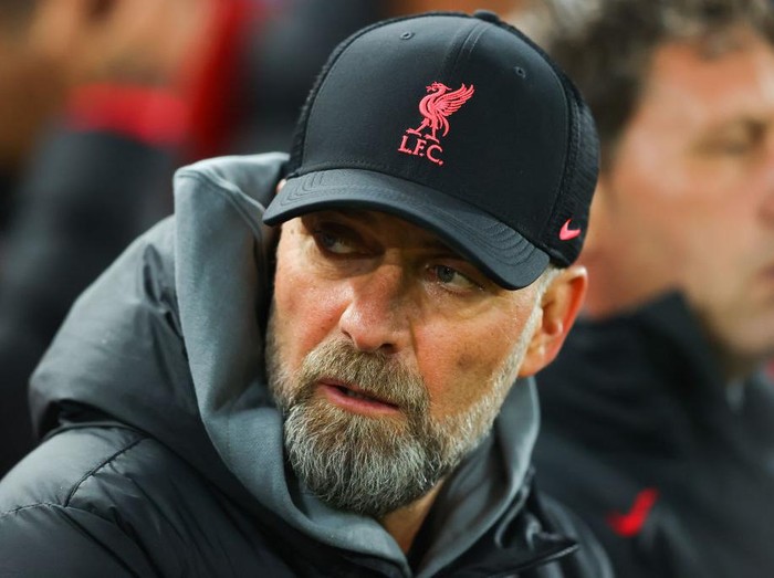 LIVERPOOL, ENGLAND - FEBRUARY 21: Jurgen Klopp, manager of Liverpool, looks on ahead of the UEFA Champions League round of 16 leg one match between Liverpool FC and Real Madrid at Anfield on February 21, 2023 in Liverpool, England. (Photo by James Gill - Danehouse/Getty Images)