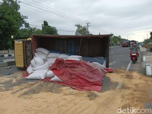 Hindari Kucing Nyebrang, Truk Muat Pakan Ternak di Jombang Terguling Hindari Kucing Nyebrang, Truk Muat Pakan Ternak di Jombang Terguling