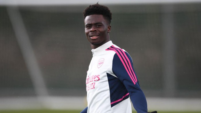 ST ALBANS, ENGLAND - FEBRUARY 23: Bukayo Saka of Arsenal during a training session at London Colney on February 23, 2023 in St Albans, England. (Photo by Stuart MacFarlane/Arsenal FC via Getty Images)