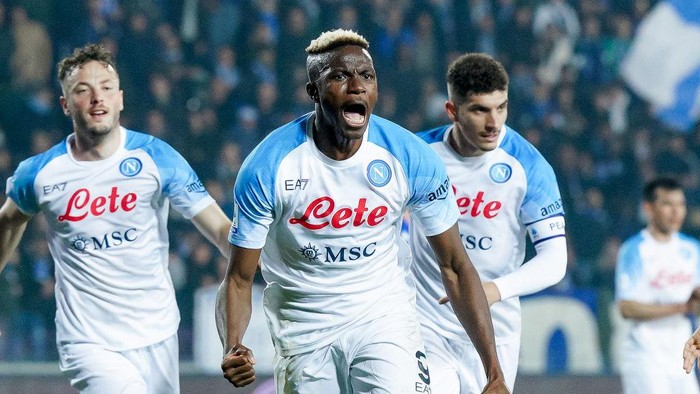 Victor Osimhen of SSC Napoli celebrates after scoring second goal during the Serie A match between Empoli FC and SSC Napoli at Stadio Carlo Castellani on February 25, 2023 in Empoli (FI), Italy (Photo by Giuseppe Maffia/NurPhoto via Getty Images)