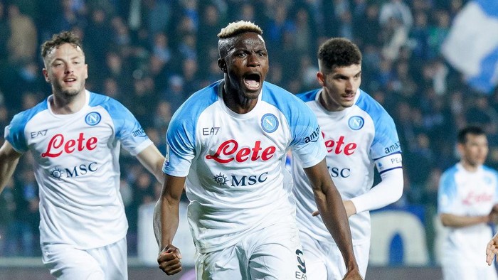 1247478956 Victor Osimhen of SSC Napoli celebrates after scoring second goal during the Serie A match between Empoli FC and SSC Napoli at Stadio Carlo Castellani on February 25, 2023 in Empoli (FI), Italy (Photo by Giuseppe Maffia/NurPhoto via Getty Images)