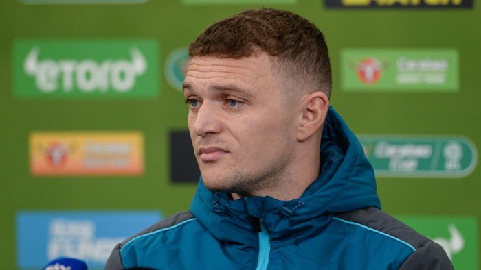 NEWCASTLE UPON TYNE, ENGLAND - FEBRUARY 21: Kieran Trippier speaks to the media during the Newcastle United Press Conference at Newcastle United Training Centre on February 21, 2023 in Newcastle upon Tyne, England. (Photo by Serena Taylor/Newcastle United via Getty Images)