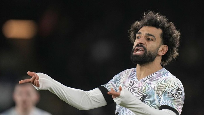 Liverpools Mohamed Salah reacts during the English Premier League soccer match between Crystal Palace and Liverpool at Selhurst Park, in London, Saturday, Feb. 25, 2023. (AP Photo/Alastair Grant)