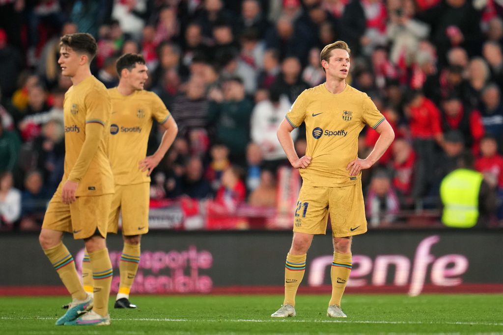 ALMERIA, SPAIN - FEBRUARY 26: Frenkie de Jong of FC Barcelona looks dejected after El Bilal Toure (not pictured) of UD Almeria scores the team's first goal during the LaLiga Santander match between UD Almeria and FC Barcelona at Juegos Mediterraneos on February 26, 2023 in Almeria, Spain. (Photo by Aitor Alcalde/Getty Images)