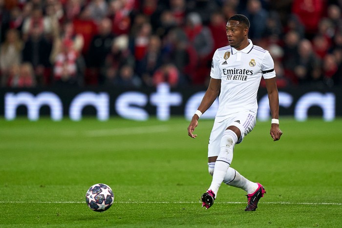 LIVERPOOL, ENGLAND - FEBRUARY 21:  David Alaba of Real Madrid in action during the UEFA Champions League round of 16 leg one match between Liverpool FC and Real Madrid at Anfield on February 21, 2023 in Liverpool, England. (Photo by Jose Manuel Alvarez/Quality Sport Images/Getty Images)