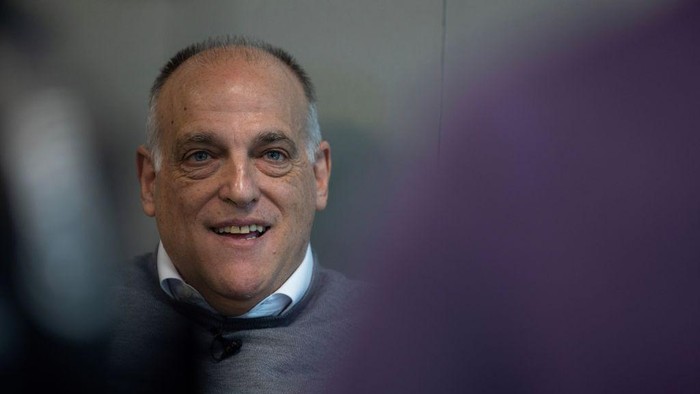 The president of Spanish football Liga Javier Tebas gestures during an AFP interview in Madrid on February 14, 2023. (Photo by PIERRE-PHILIPPE MARCOU / AFP) (Photo by PIERRE-PHILIPPE MARCOU/AFP via Getty Images)