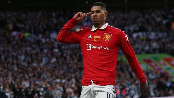 Manchester Uniteds Marcus Rashford celebrates after scoring their second goal during the Carabao Cup Final between Manchester United and Newcastle United at Wembley Stadium, London on Sunday 26th February 2023. (Photo by Mark Fletcher/MI News/NurPhoto via Getty Images)