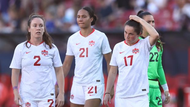FRISCO, TX - FEBRUARY 22: Jessie Fleming of Canada dejected at full time of the SheBelieves Cup match between Canada and Japan at Toyota Stadium on February 22, 2023 in Frisco, Texas. (Photo by James Williamson - AMA/Getty Images)