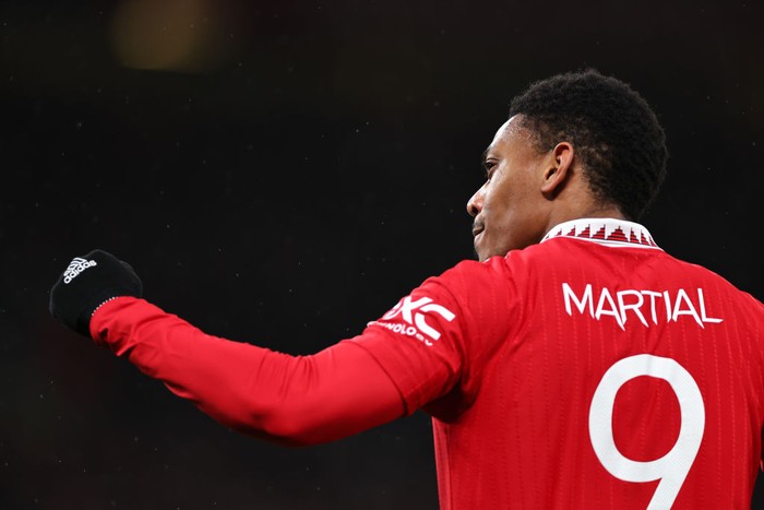 MANCHESTER, ENGLAND - FEBRUARY 01: Anthony Martial of Manchester United celebrates after scoring a goal to make it 1-0 during the Carabao Cup Semi Final 2nd Leg match between Manchester United and Nottingham Forest at Old Trafford on February 1, 2023 in Manchester, England. (Photo by Robbie Jay Barratt - AMA/Getty Images)