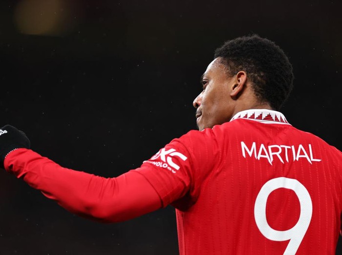 MANCHESTER, ENGLAND - FEBRUARY 01: Anthony Martial of Manchester United celebrates after scoring a goal to make it 1-0 during the Carabao Cup Semi Final 2nd Leg match between Manchester United and Nottingham Forest at Old Trafford on February 1, 2023 in Manchester, England. (Photo by Robbie Jay Barratt - AMA/Getty Images)