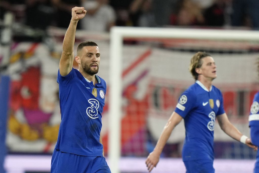Chelsea's Mateo Kovacic celebrates after scoring his side's first goal during the Champions League group E soccer match between FC Salzburg and Chelsea at the Salzburg stadium in Salzburg, Austria, Tuesday, Oct. 25, 2022. (AP Photo/Florian Schroetter)