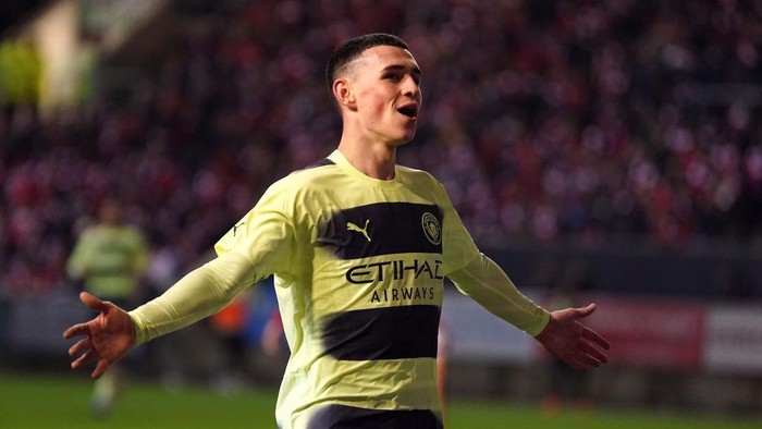 Manchester Citys Phil Foden celebrates scoring their sides second goal of the game during the Emirates FA Cup fifth round match at Ashton Gate, Bristol. Picture date: Tuesday February 28, 2023. (Photo by Adam Davy/PA Images via Getty Images)