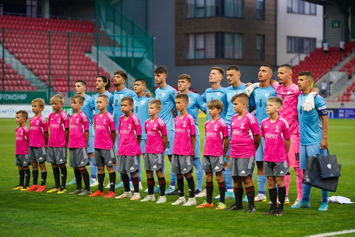 TRNAVA, SLOVAKIA - JULY 01: Players of Israel line up during the national anthem prior to the UEFA European Under-19 Championship 2022 Final match between Israel v England MU19 on July 1, 2022 in Trnava, Slovakia. (Photo by Christian Hofer - The FA/The FA via Getty Images)