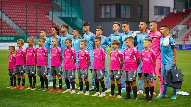 TRNAVA, SLOVAKIA - JULY 01: Players of Israel line up during the national anthem prior to the UEFA European Under-19 Championship 2022 Final match between Israel v England MU19 on July 1, 2022 in Trnava, Slovakia. (Photo by Christian Hofer - The FA/The FA via Getty Images)