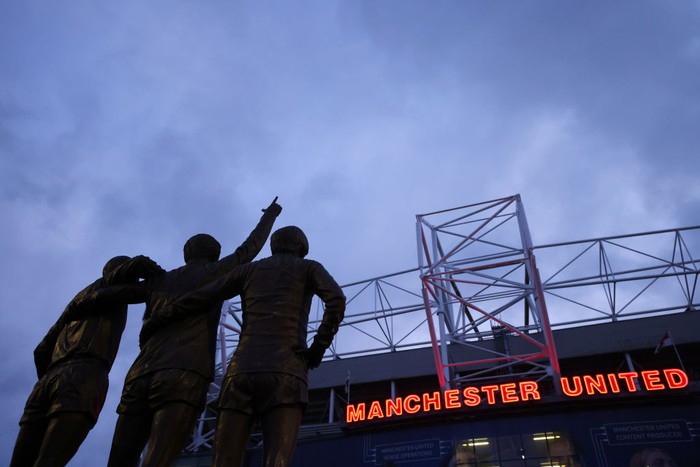 MANCHESTER, ENGLAND - MARCH 01: General view outside the stadium of the United Trinity statue prior to the Emirates FA Cup Fifth Round match between Manchester United and West Ham United at Old Trafford on March 01, 2023 in Manchester, England. (Photo by Marc Atkins/Getty Images)