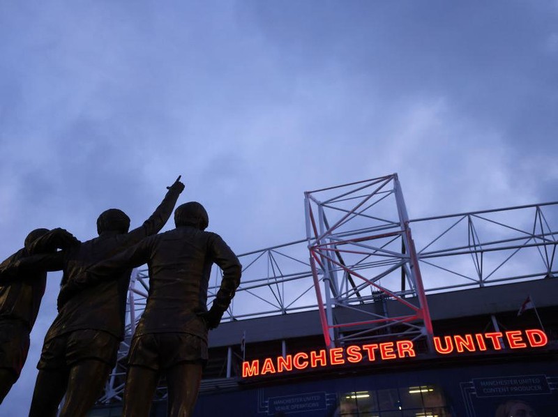 MANCHESTER, ENGLAND - MARCH 01: General view outside the stadium of the United Trinity statue prior to the Emirates FA Cup Fifth Round match between Manchester United and West Ham United at Old Trafford on March 01, 2023 in Manchester, England. (Photo by Marc Atkins/Getty Images)