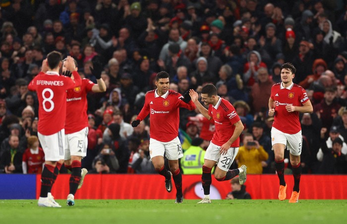 Soccer Football - FA Cup - Fifth Round - Manchester United v West Ham United - Old Trafford, Manchester, Britain - March 1, 2023 Manchester Uniteds Casemiro celebrates scoring their first goal before it is disallowed after a VAR review REUTERS/Carl Recine