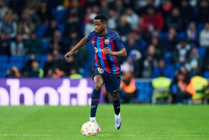 Ansu Fati MADRID, SPAIN - MARCH 02: Ansu Fati of FC Barcelona in action during the Copa Del Rey Semi Final Leg One match between Real Madrid CF and FC Barcelona at Estadio Santiago Bernabeu on March 02, 2023 in Madrid, Spain. (Photo by Angel Martinez/Getty Images)