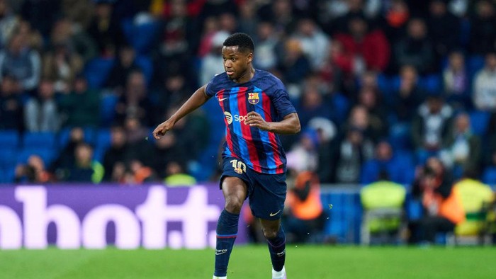 Ansu Fati MADRID, SPAIN - MARCH 02: Ansu Fati of FC Barcelona in action during the Copa Del Rey Semi Final Leg One match between Real Madrid CF and FC Barcelona at Estadio Santiago Bernabeu on March 02, 2023 in Madrid, Spain. (Photo by Angel Martinez/Getty Images)