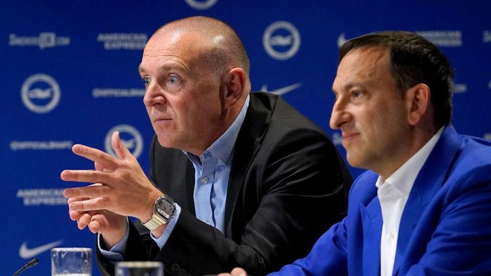 Brighton and Hove Albion CEO and Deputy Chairman Paul Barber (left) and Brighton and Hove Albion owner and chairman Tony Bloom during the press conference at the American Express Elite Football Performance Centre, Brighton. Picture date: Tuesday September 20, 2022. (Photo by Gareth Fuller/PA Images via Getty Images)