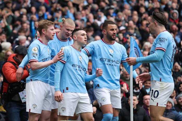 MANCHESTER, ENGLAND - MARCH 04: Phil Foden of Manchester City celebrates after scoring his sides first goal during the Premier League match between Manchester City and Newcastle United at Etihad Stadium on March 04, 2023 in Manchester, England. (Photo by James Gill - Danehouse/Getty Images)