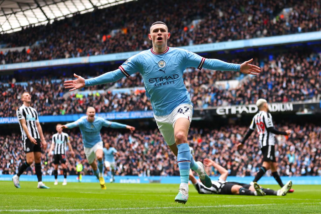 MANCHESTER, ENGLAND - MARCH 04: Phil Foden of Manchester City celebrates after scoring a goal to make it 1-0 during the Premier League match between Manchester City and Newcastle United at Etihad Stadium on March 4, 2023 in Manchester, United Kingdom. (Photo by Robbie Jay Barratt - AMA/Getty Images)
