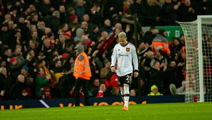 LIVERPOOL, ENGLAND - MARCH 05:   Antony of Manchester United reacts during the Premier League match between Liverpool FC and Manchester United at Anfield on March 5, 2023 in Liverpool, United Kingdom. (Photo by Ash Donelon/Manchester United via Getty Images)