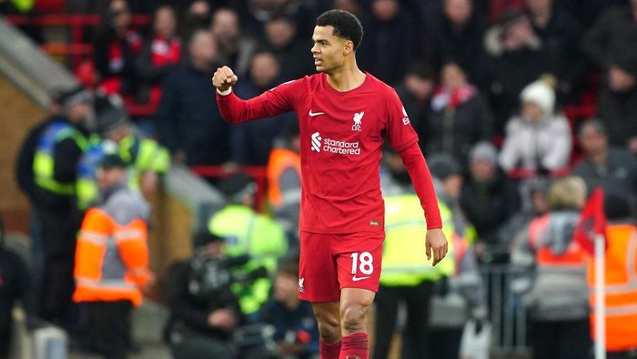 Liverpools Cody Gakpo celebrates scoring their sides first goal of the game during the Premier League match at Anfield, Liverpool. Picture date: Sunday March 5, 2023. (Photo by Peter Byrne/PA Images via Getty Images)